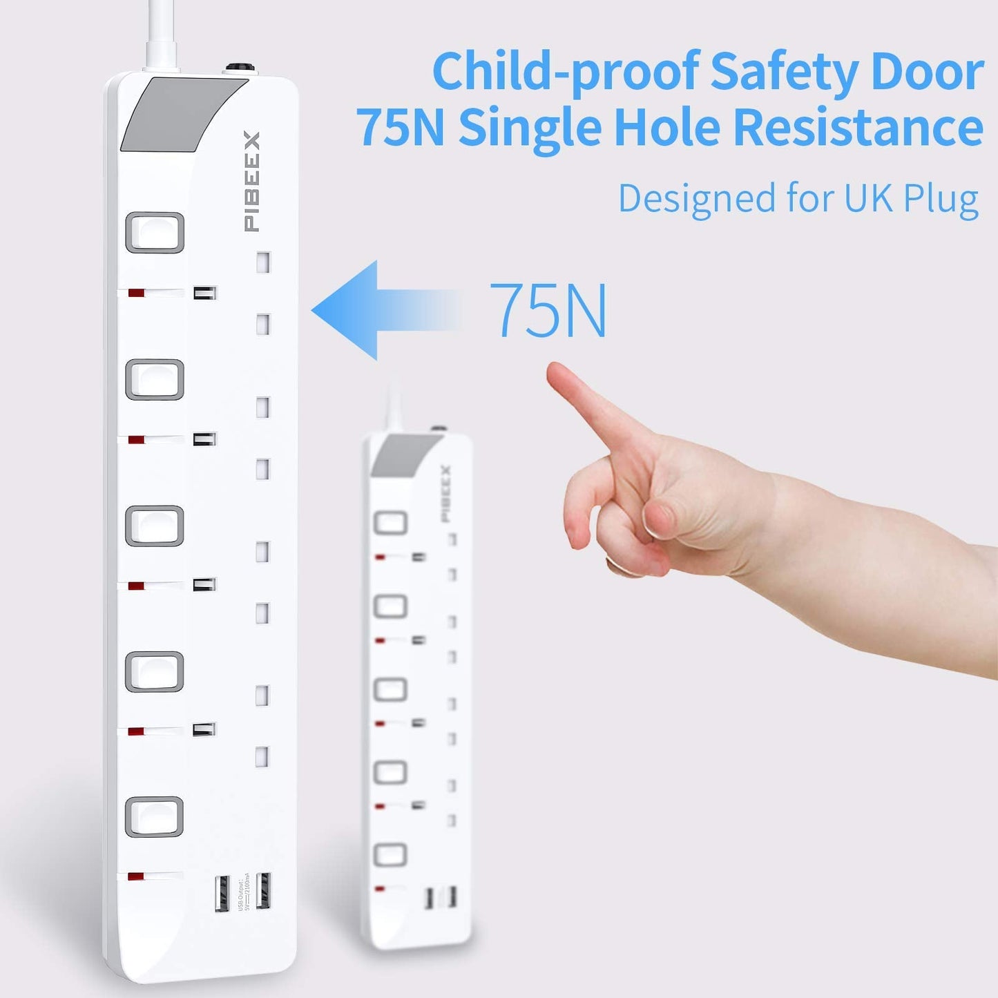 5M Extension Lead with Individual Switches, 13A 4 Way Power Strip 2 USB Lead with USB Slots Multi Plug Socket Extensions 5 Meters Long Extension Cord