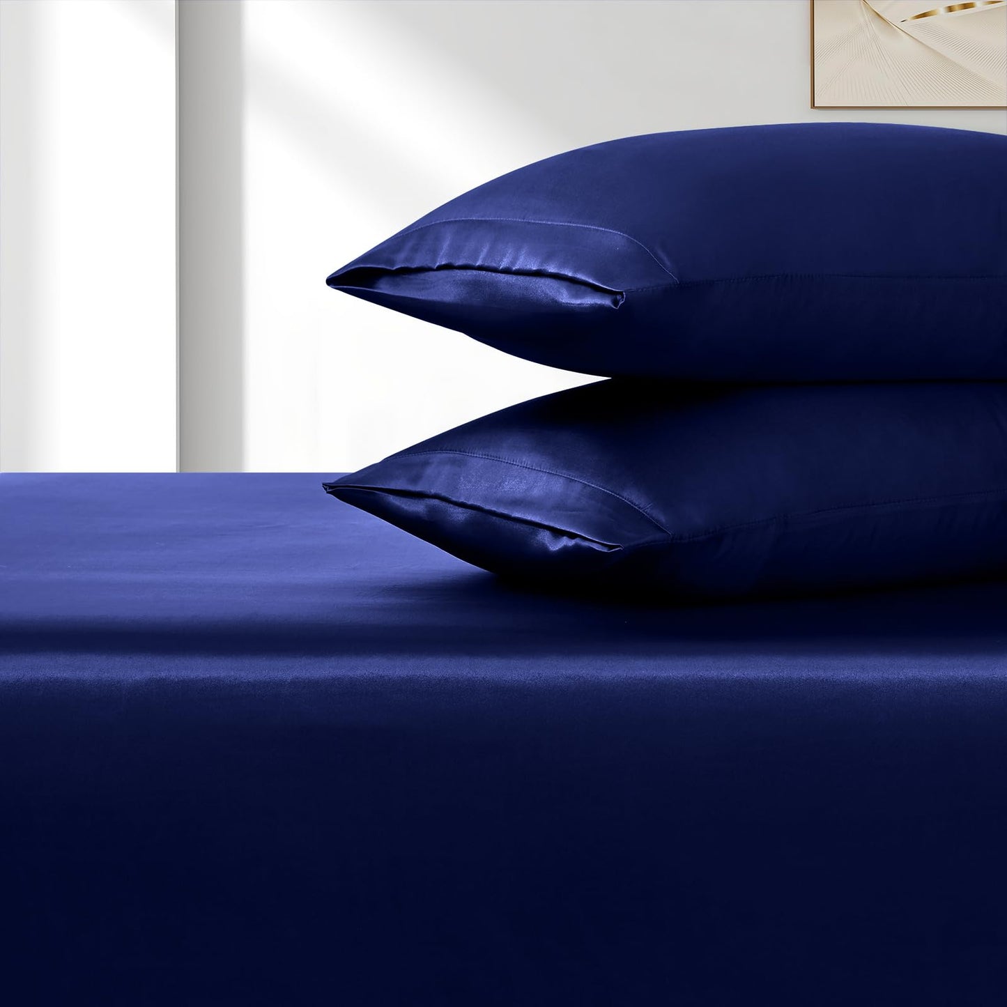VACVELT 3pcs Extra Deep Pocket Satin Fitted Sheet Set King Bed Set, Navy Blue Bottom Sheet Fit 18-24 Inch Deep Pocket Mattress, Silky Bedding Set Soft & Ultra Deep Fitted Sheet + 2 Pillowcase