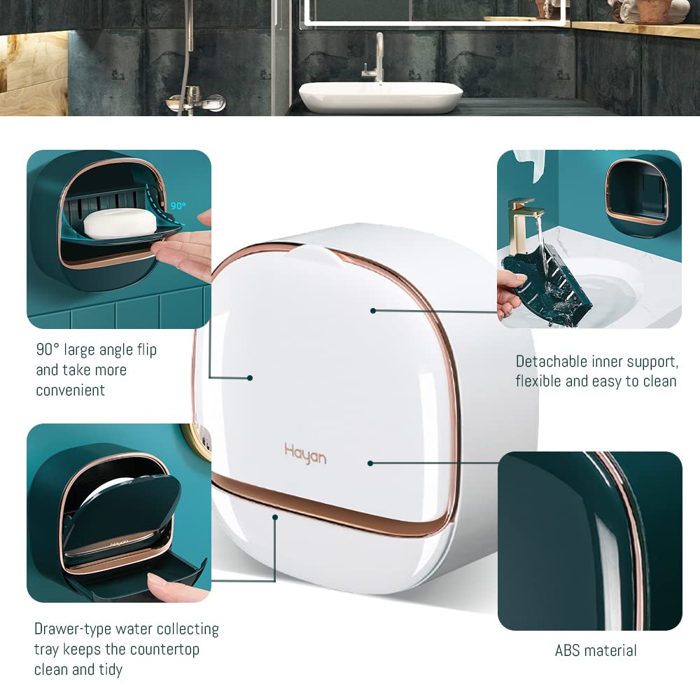 Modixun Luxury Soap Holder with Drain Tray, Waterproof Soap Dish Holder, Keep Soap Bars Dry, Adhesive Soap Case Box Wall Mounted for Shower, Bathroom, Bathtub, White