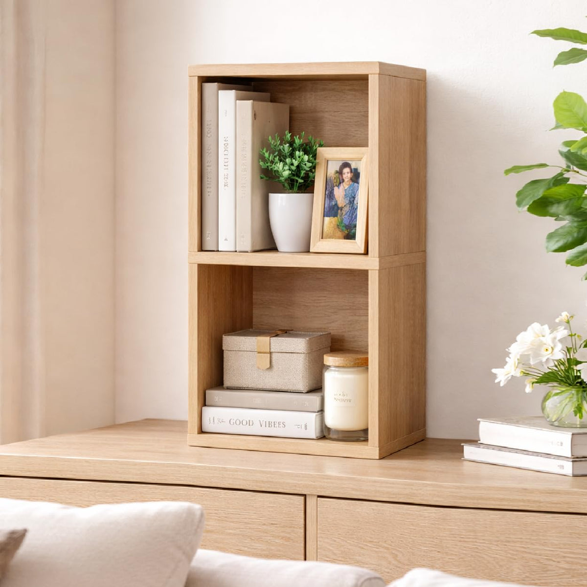 2 Cube Storage Organizer Wooden Bookshelf, 2 Cube Shelf Bookcase, Small Bookshelf Storage Organizer, 2 Cube Storage Shelf for Bedroom, Small Bookshelf for Living Room and Office (Natural, 2 Cube)