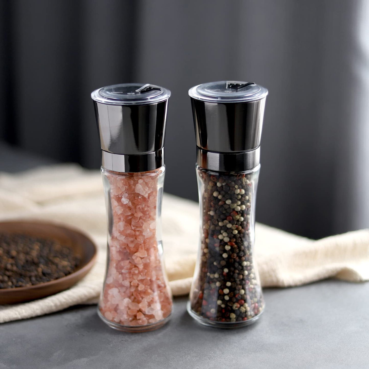 VEVOK CHEF Salt and Pepper Grinder Set Stainless Steel Black Salt and Pepper Mill with Adjustable Coarseness Salt Shaker Set Spice Grinder Black Pepper Grinder Refillable Home Kitchen
