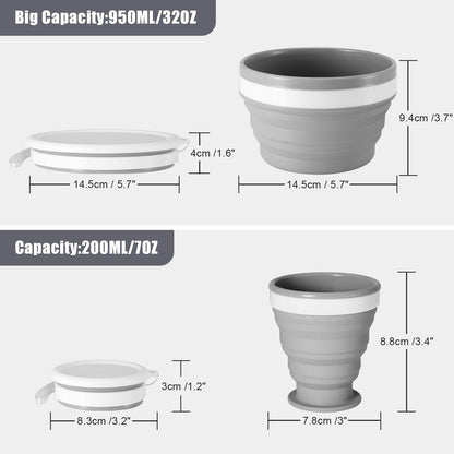 Odoland Camping Collapsible Silicone Cup and Bowl Set, Portable Mess Kit with Stainless Steel Spork and Lid for 1 Person Backpacking, Family Cookware, Hiking, Picnic, Travel
