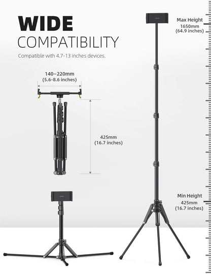 Lamicall Tablet Floor Tripod Stand - 64.9" Tablet Holder Mount with Adjustable Height for Stream/Watching with Bluetooth Remote, Gifts for iPad Pro 12.9/11" Mini, Air, iPhone, 4.7-13" Devices