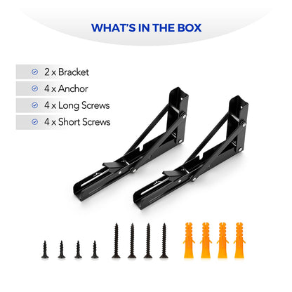 Ravinte 10 Inch Folding Shelf Brackets - Matte Black Collapsible Heavy Duty Brackets for Table Bench - Space Saving, 2 Pack ﻿