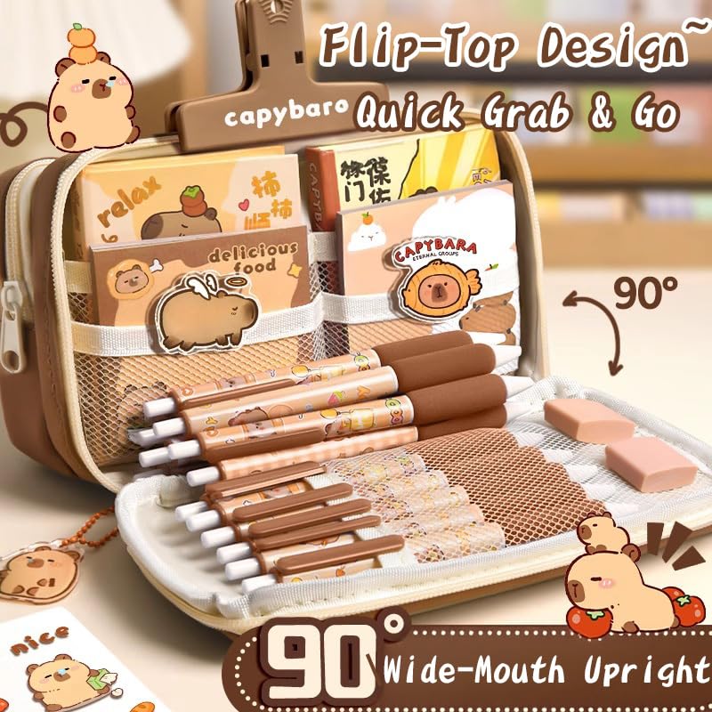 Melorumi Capybara Stationery Set Cute Pencil Case Pouch Gifts For Girls Boys Kid Large Capacity Kawaii Capibara Organizer Office School Supplies
