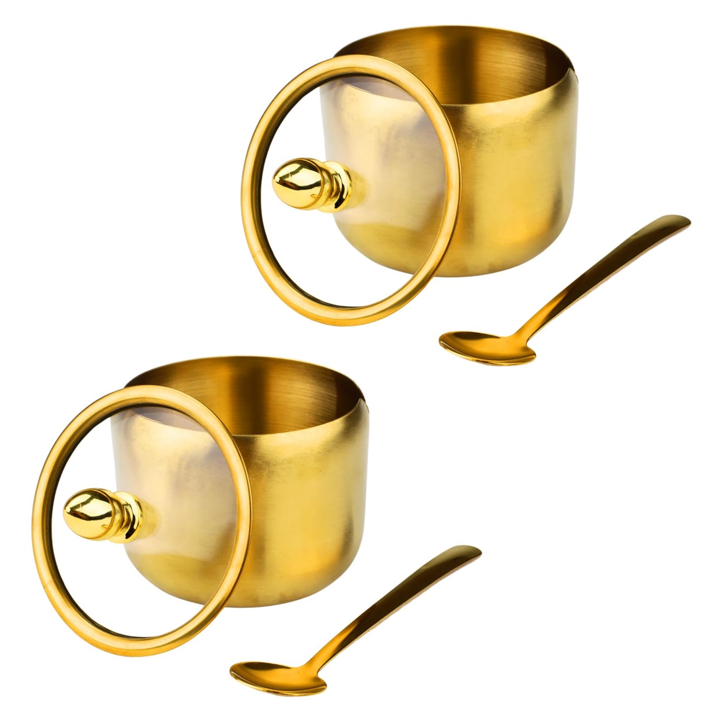 2 Pieces Stainless Steel Sugar Bowl with Lid and Spoon, 8.45 Oz/250 ML Sugar Container for Coffee Bar, Salt Bowls for Countertop Kitchen Storage Pepper Seasoning Coffee Bean Candy Spices, (Gold)