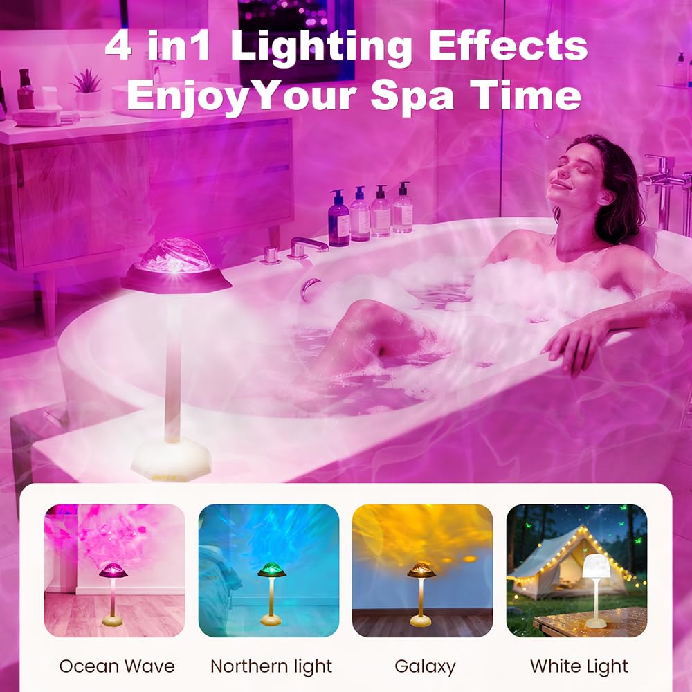 LINKOJI 4 in 1 Shower Lamp Waterproof Bathroom Lamp Ocean Wave Projector Light Northern Galaxy Light 16 Color Rechargeable Remote Control lumena Lamps for Inside Shower/Bathtub
