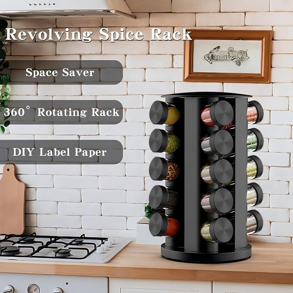 Handisen Rotating Spice Rack Organizer for Cabinet, Spice Racks Storage with 20 Jars, Spinning Spice rack for Kitchen Countertop, Spice Holder,Seasoing Storage Racks, Black