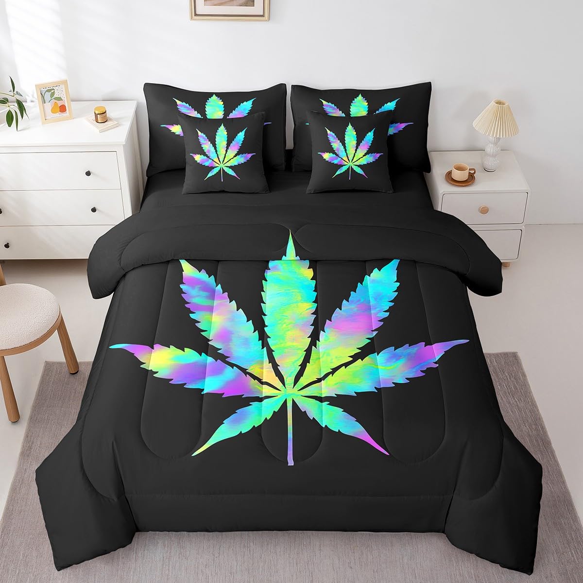 Erosebridal Leaves Full Size Bed Sheets and Comforter Set,Leaf 7 Piece Bedding Set Rainbow Botanical Bed in a Bag, Artwork Plant Bed Sets