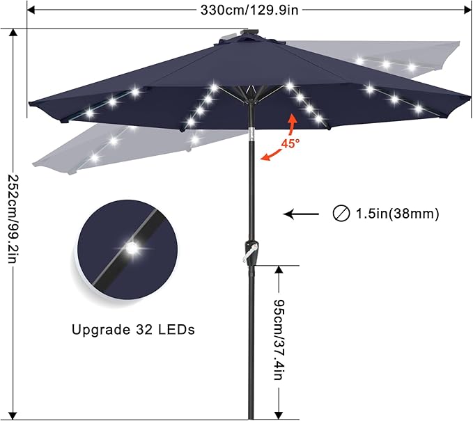 ABCCANOPY Durable Solar Led Patio Umbrellas with 32LED Lights 11FT (Deep Blue)