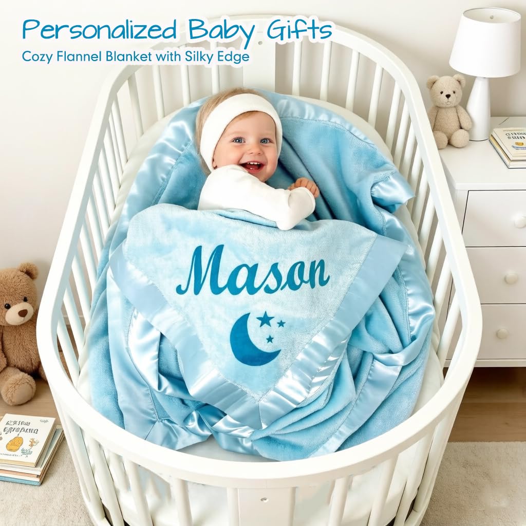 DayOfShe Personalized Baby Blankets with Name for Boys Girls Birthday Baby Shower New Essentials Gifts,Custom Blue Baby Boy Blankets with Name for New Baby Boy Christmas