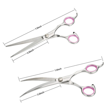 GEMEK Pet Grooming Scissors Set 4 Pieces Stainless Steel Pet Trimmer Kit Used for Dog Cat and More Pets - with 7.5-inch Cutting Scissors, Thinning Shear, Curved Scissors, Grooming Comb