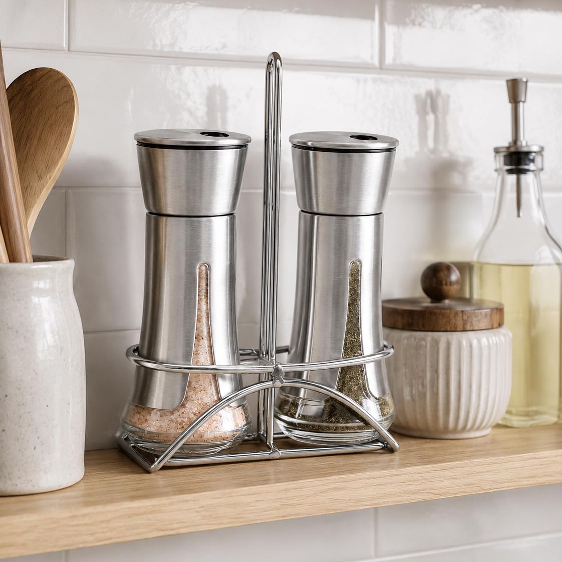Aelga Salt and Pepper Shakers with Holder, Salt Shaker for the Kitchen with Adjustable Pour Holes for Himalayan, Kosher, and Sea Salts