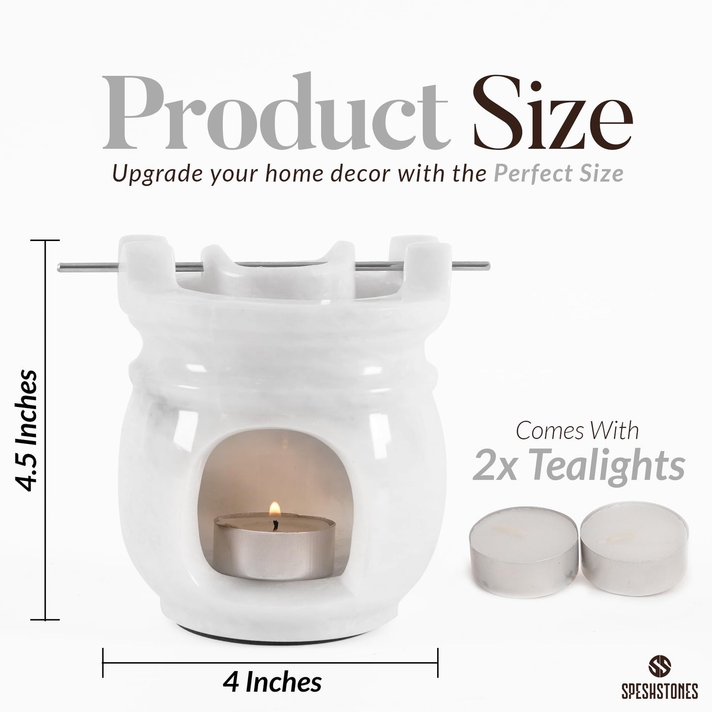SPESHSTONES Marble Oil Burner for Scented Oil Verona 4.5 Inch White Handmade Stone Warmer for Essential Oils & Wax Melts - Aromatherapy Diffuser with 2 Tealight Candles, Elegant Wax Melt Warmer