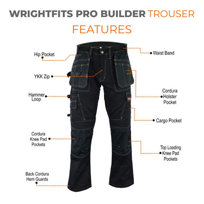 WrightFits Men Pro Builder Work Trousers Black - Heavy Duty Safety Combat Cargo Pants - Knee Pad Pockets - Triple Stitched - Durable Workwear (32W X 31L, Black)