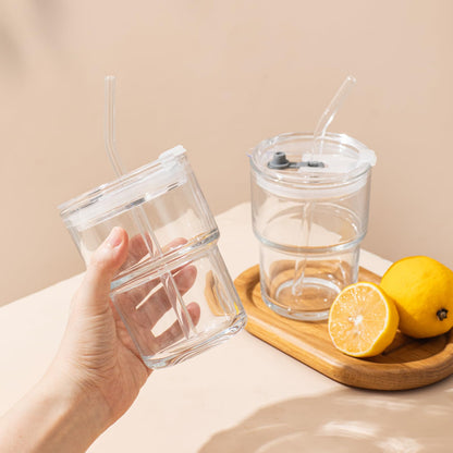 SoulTimes 13oz Glass Tumbler with Lid and Glass Straw Set of 2 – Thick-Walled Iced Coffee Cup, Reusable Clear Glass Cups for Water, Iced Tea, Coffee, Juice, Perfect for On-the-Go & Daily Use