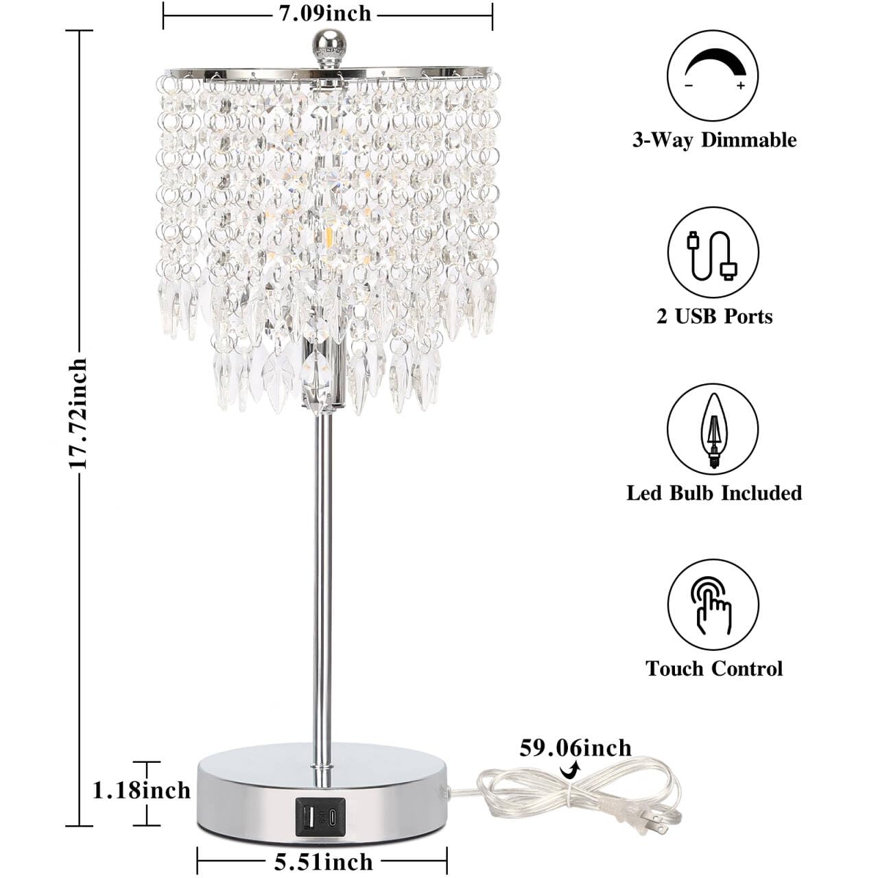 Boncoo Crystal Table Lamp Set of 2 Touch Control, Crystal Lamps with USB Ports Elegant Shade Bedside Lamp Silver, Dimmable Touch Table Lamp for Nightstand Bedroom Living Room, 4W LED Bulb Included