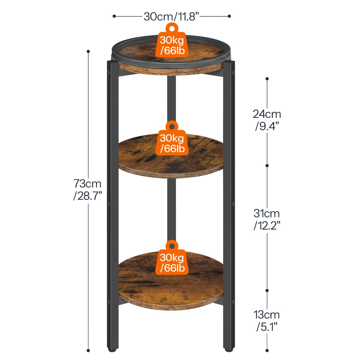 HOOBRO Small Round Side Table, 3-Tier Tall Coffee Drink Table for Sofa Couch, 28.7" H Slim Nightstand, Circle Accent End Table for Living Room, Corner, Bedroom, Rustic Brown BF182BZ01