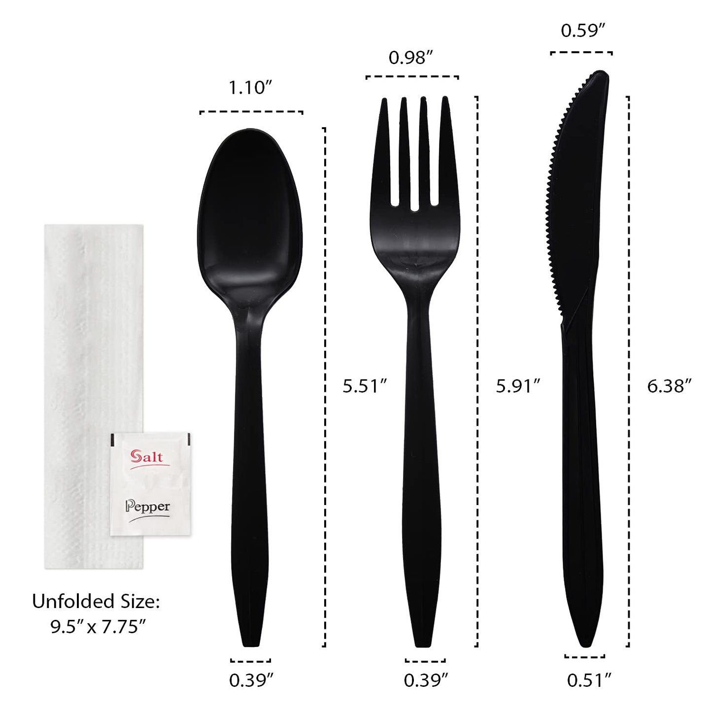 Party Essentials Individually Wrapped Plastic Cutlery Kits/Silverware Packets, 250 Sets, Black Fork/Spoon/Knife/Napkin/Salt/Pepper