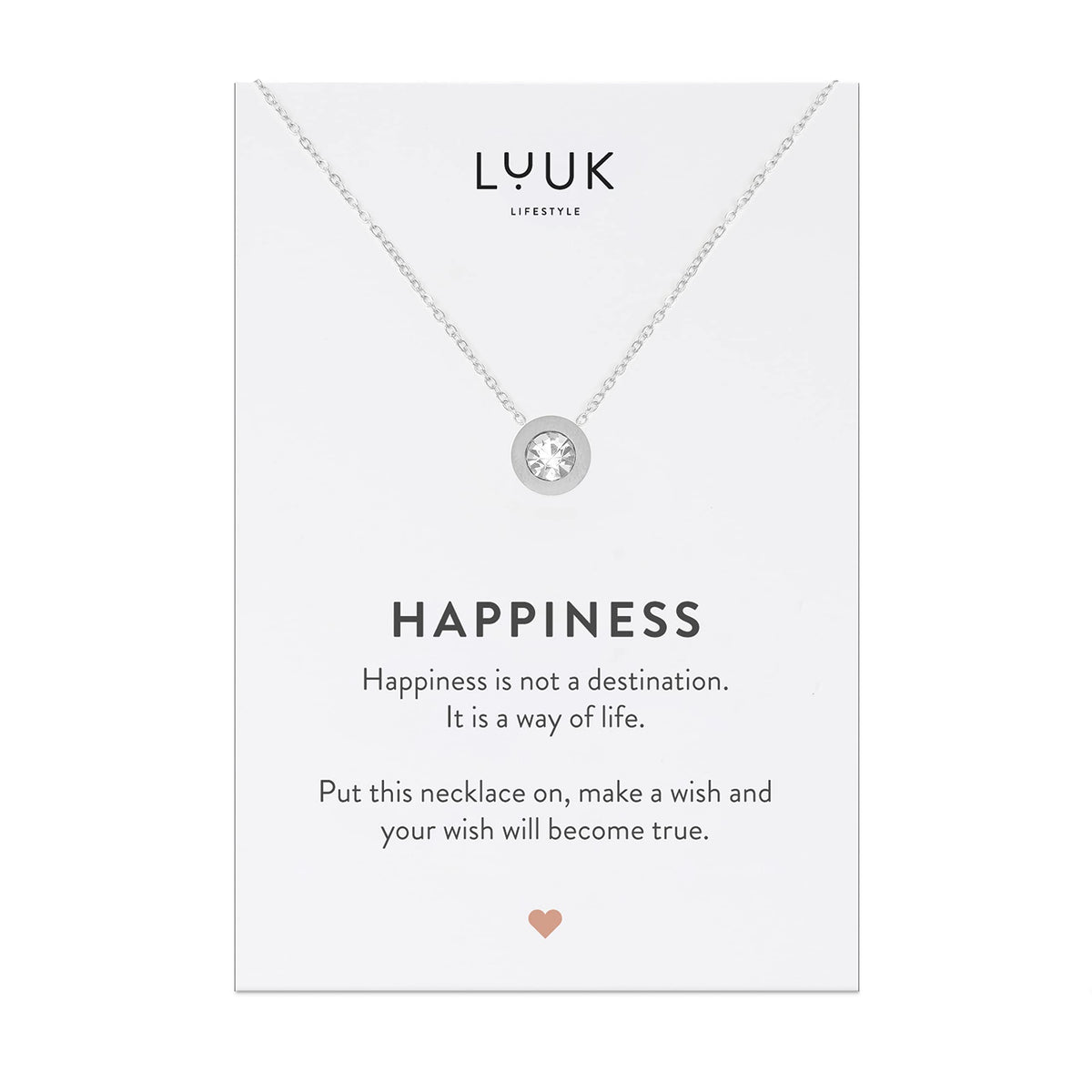 LUUK LIFESTYLE Feminine necklace with crystal rhinestone pendant, stainless steel and HAPPINESS gift card, chic jewelry, girlfriend, friendship present, Valentine’s Day, birthday, silver