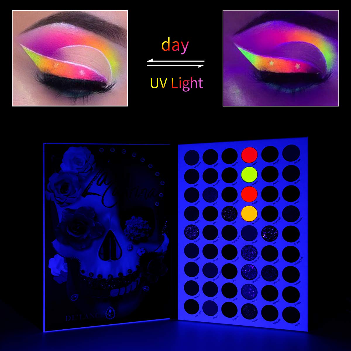 BEUSELF Neon Eyeshadow Palette, Highly Pigmented 54 Color Matte Shimmer Glitter Blacklight Makeup Pallet Glow In the Dark, Long Lasting Waterproof Rainbow Uv Colorful Eye Shadow for Rave,Party,Cosplay