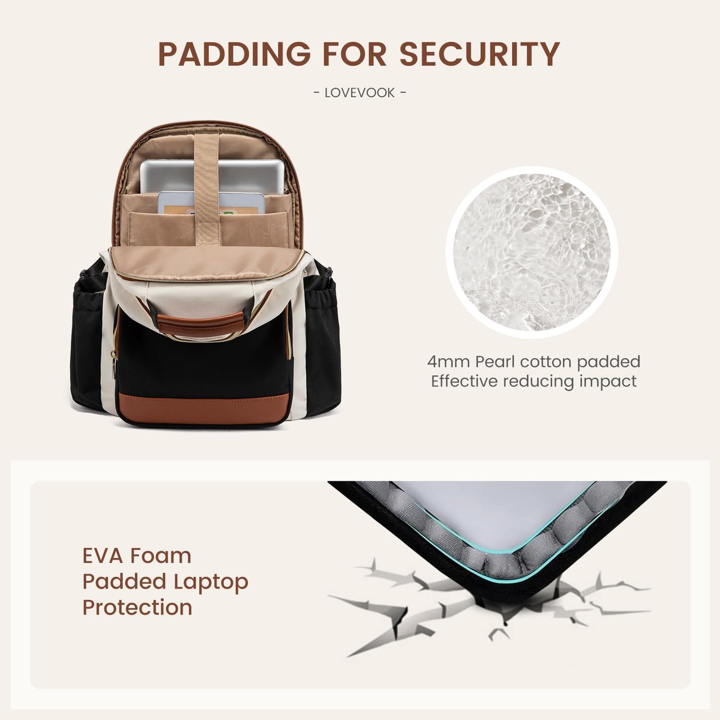 LOVEVOOK Laptop Backpack for Women with Pouch Pocket for Large Capacity Cup,15.6 Inch Laptop Computer Bag Travel Backpack Purse,Waterproof Work Business Backpack College Teacher Bags,Beige-Black-Brown