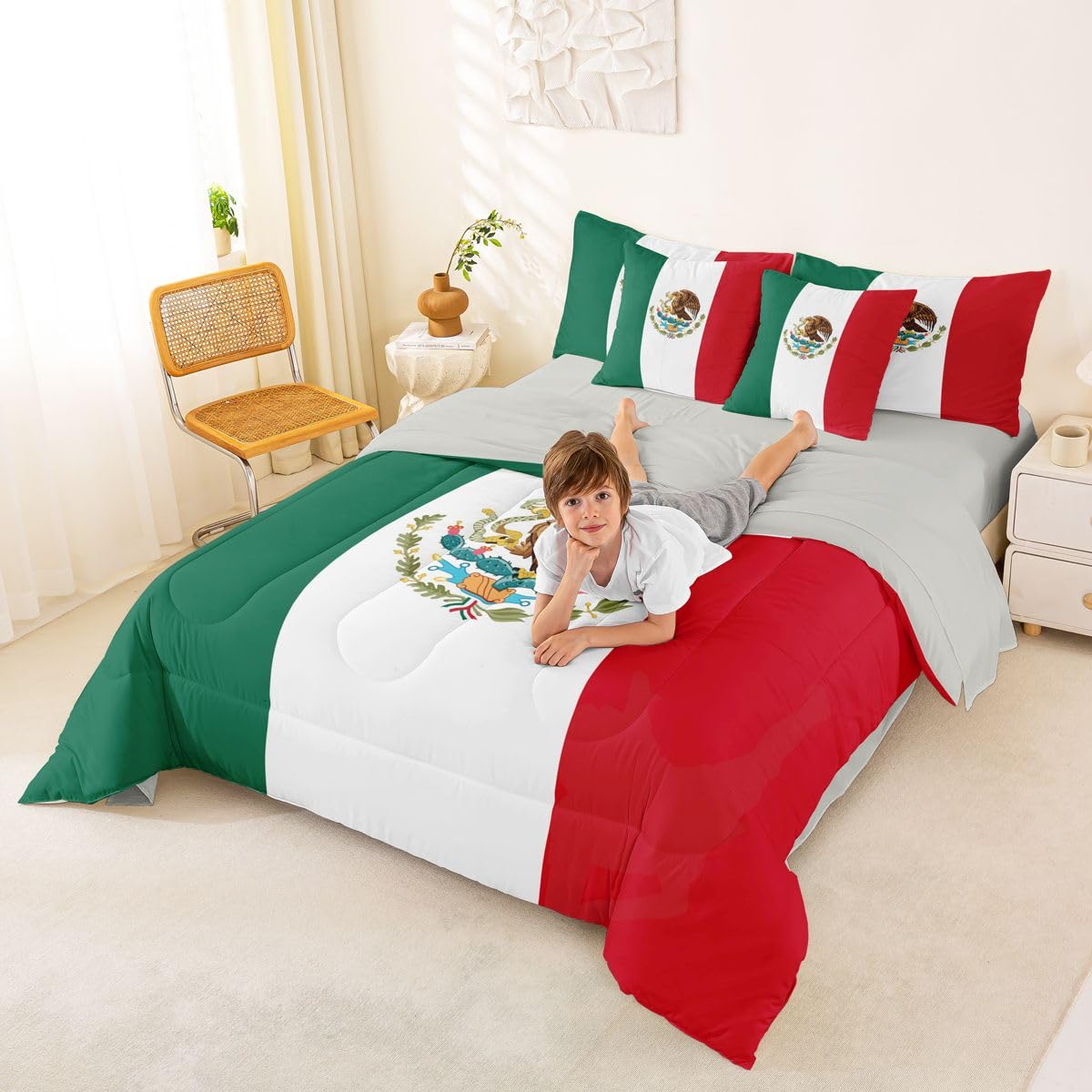 Feelyou Mexican Flag Comforter Set with Sheets 7 Piece Queen Size Mexico Bed in a Bag Kids Boys Girls World Countries Bedding Set Bedroom Decor Breathable Soft Lightweight Microfiber