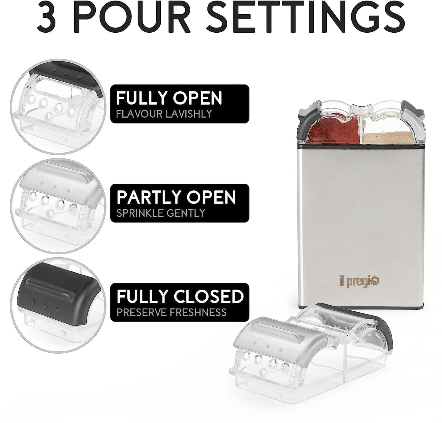 Il Pregio Double Spice Stainless Steel Seasoning Jar Shaker - 2 in 1 Salt and Pepper Dispenser with Adjustable Pour Holes | 2.3oz Per Side - 2 Pack