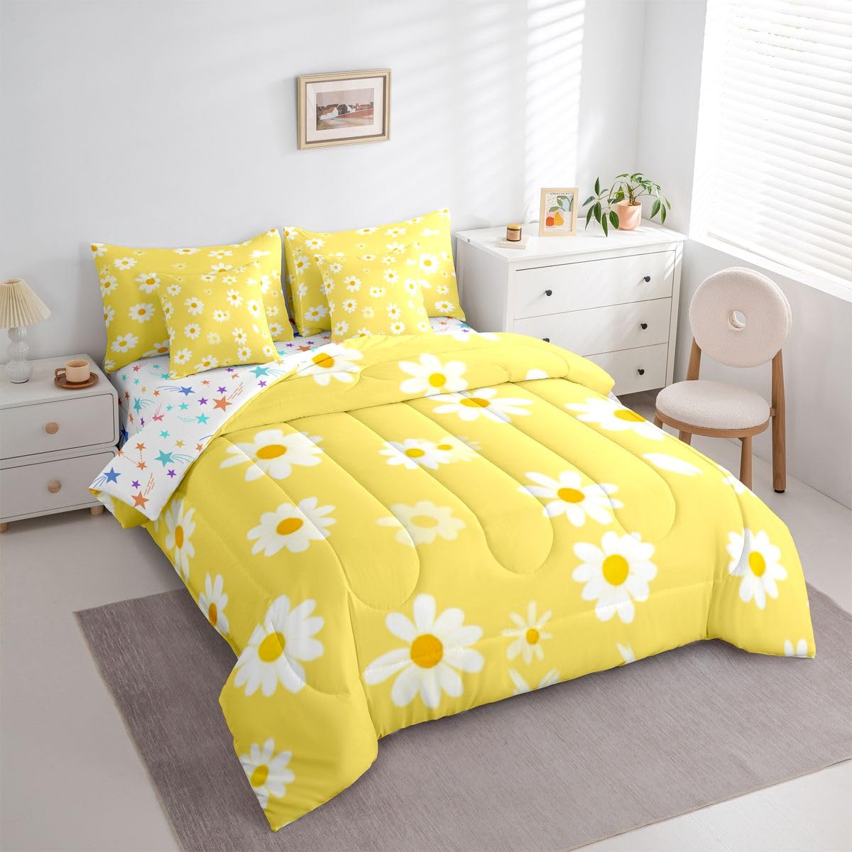 Erosebridal Cute Daisy 7 Pcs Bedding Set Twin Size for Teen Girls White Yellow Comforter Set with Sheets for Kids Women Groovy Floral Bed in A Bag Trendy Coquette Flower Bed Sets All Season