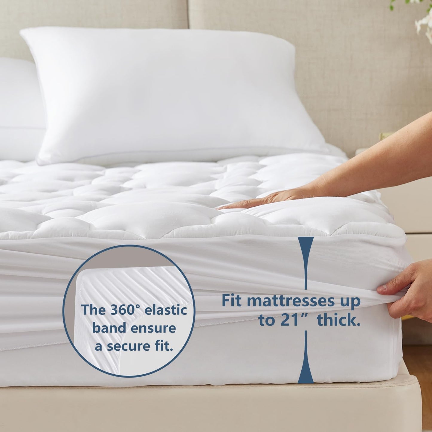CozyLux Queen Mattress Pad, 450GSM Quilted Cooling Cotton Top Mattress Topper, Extra Deep Pocket Fits 8-21 inches, Oeko-TEX Certified, Plush Soft & Breathable Bed Pad (60"x80", White)