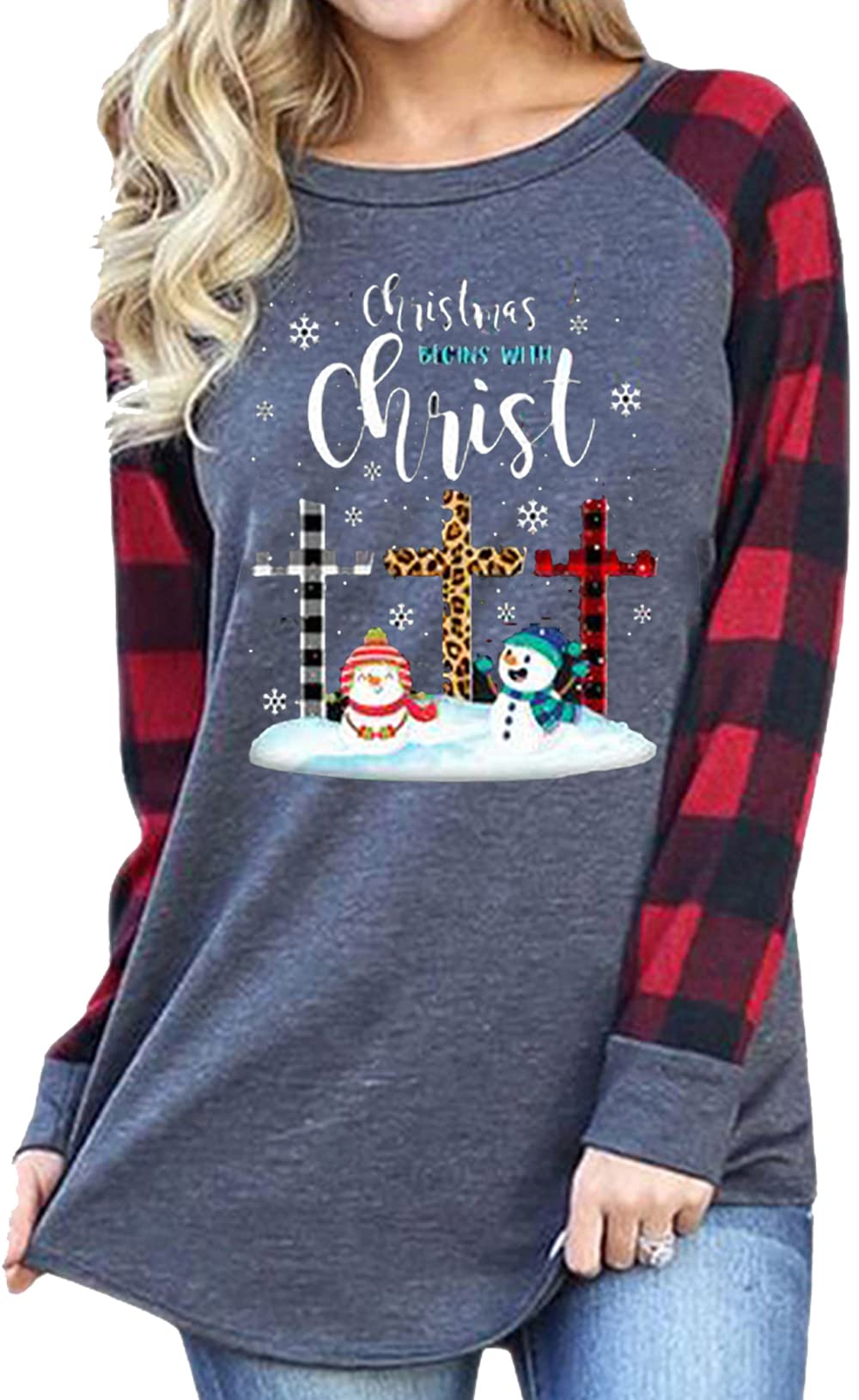 Christmas Top for Women Snowman T-Shirt Plaid Splicing Raglan Long Sleeve Tee Christmas Holiday Tops(Snowman-4328 XXL)