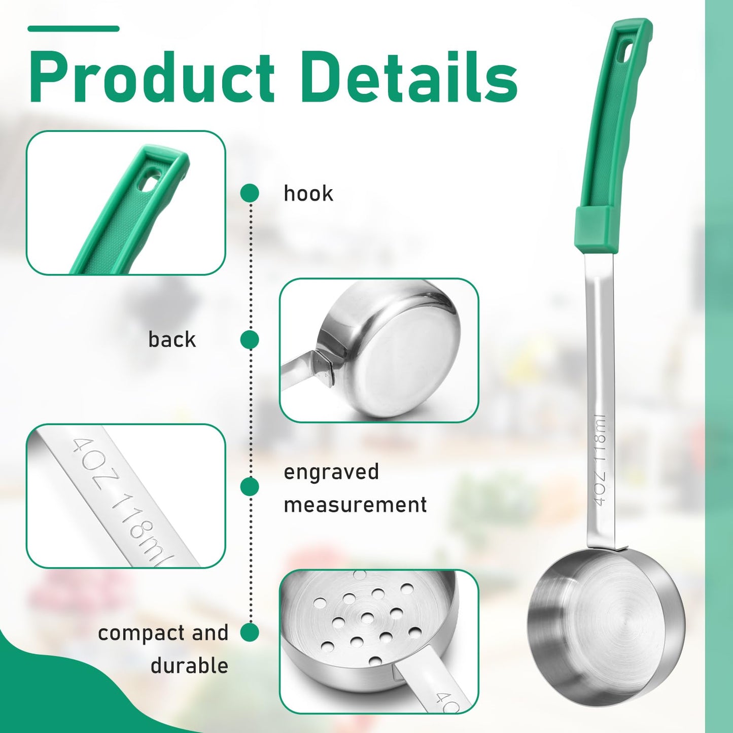 Teenyyou 16 Pcs Portion Control Serving Spoons, Restaurant Measuring Serving Ladle Utensils, Portion Control Slotted Scoops for Weight Loss, Solid and Perforated Scoops(Green,4 oz)