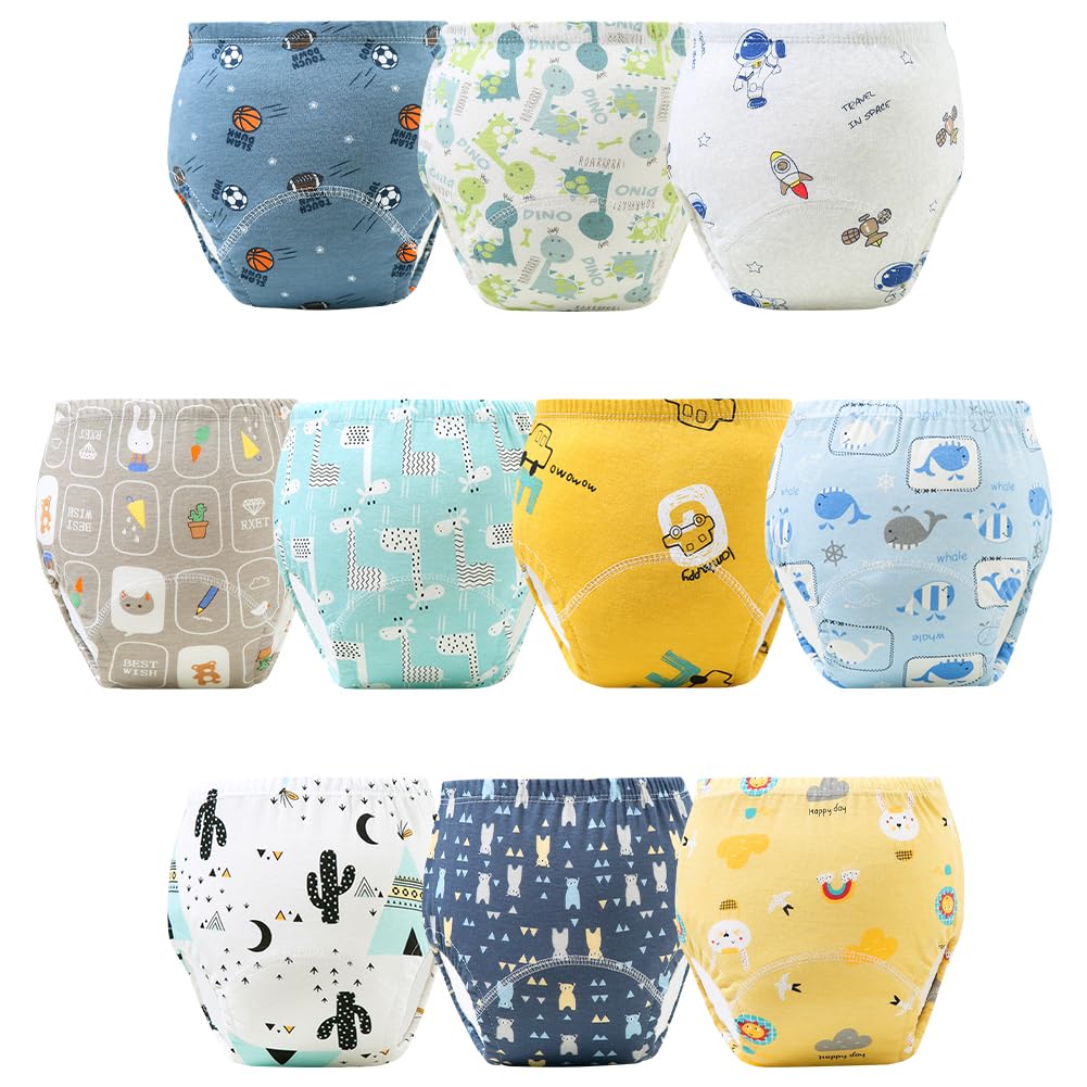 Aolso Reusable Baby Toddler Potty Training Underwear, Cotton Washable Toilet Pants with Patterns for Boys (Boy-100, 10Pcs)
