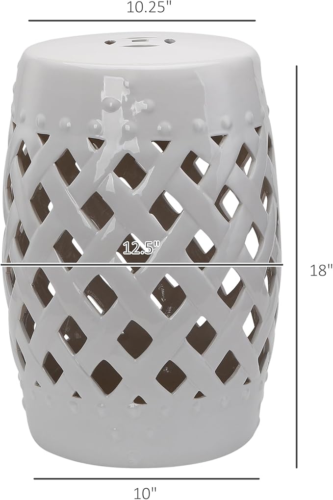 Outsunny 13" x 18" Ceramic Garden Stool with Woven Lattice Design & Glazed Strong Materials Decorative Outdoor Stool, White