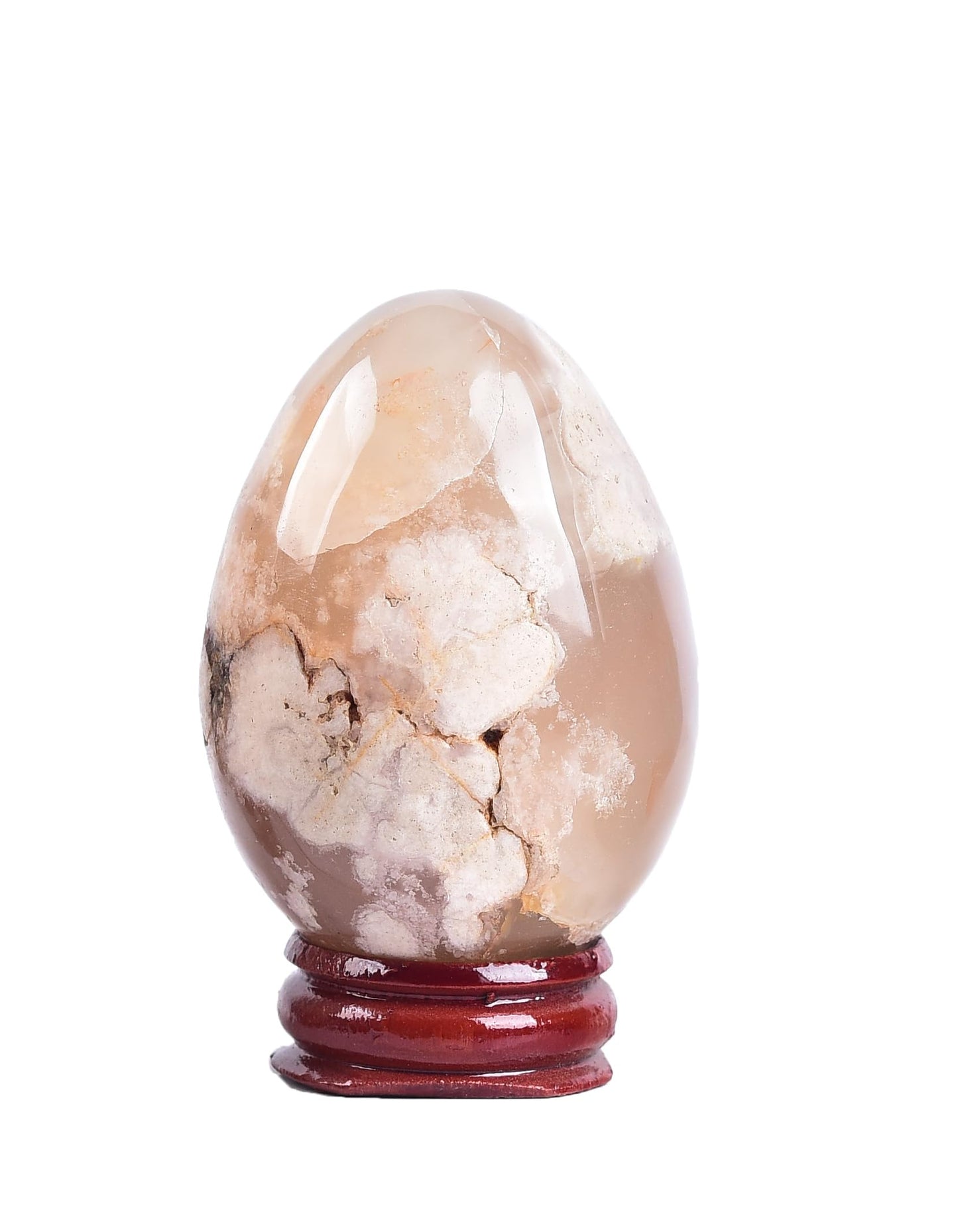 AMOYSTONE Sakura Agate Egg 2.3-2.7" Display Piece with Wood Stand for Office Decor - Unique Banded Natural Stone, Statement Shelf Decor for Living Room 5.3oz