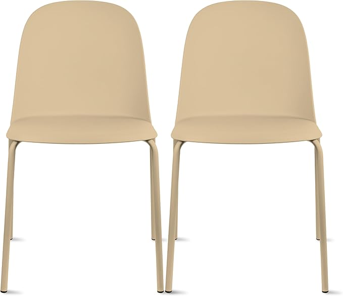 2xhome Set of 2 Modern Stackable Armless Dining Chairs | Plastic Shell Seat with Metal Legs | Indoor or Outdoor Use | Home Kitchen Patio, Beige