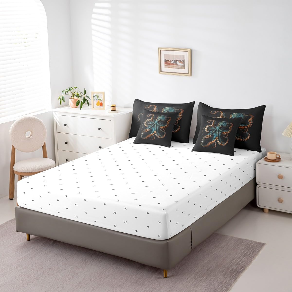 Feelyou Blue Black Octopus 7 Pieces Bedding Set Tentacles Twin Comforter Set with Sheets for Boys Girls Kids Room Decor Ocean Kraken Bed in a Bag Sealife Sea Animal Bed Set Bedroom