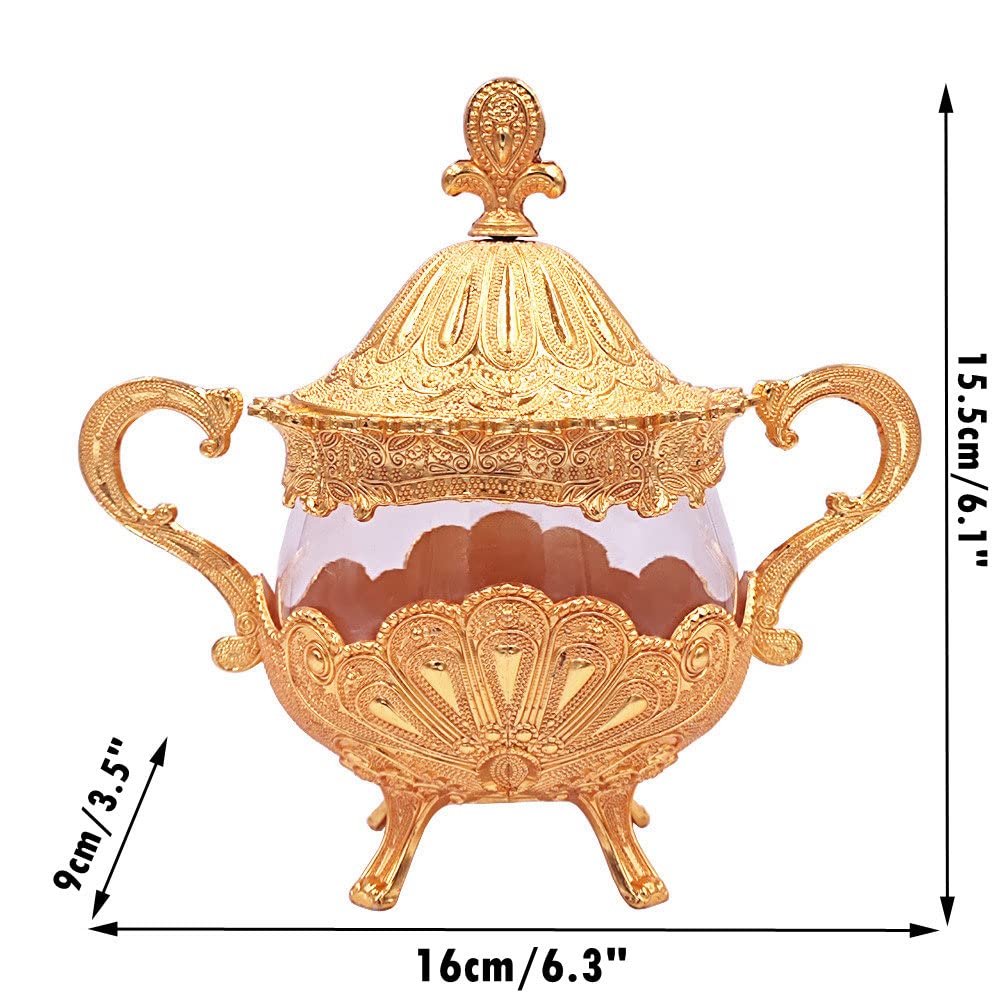 Hourwof Sugar Bowl with Lid and Spoon for Kitchen Coffee Bar and Wedding Party,Metal and Glass Sugar Container for Sugar Cube and Powder Sugar,Spice Condiment Container,Salt Server,Gold