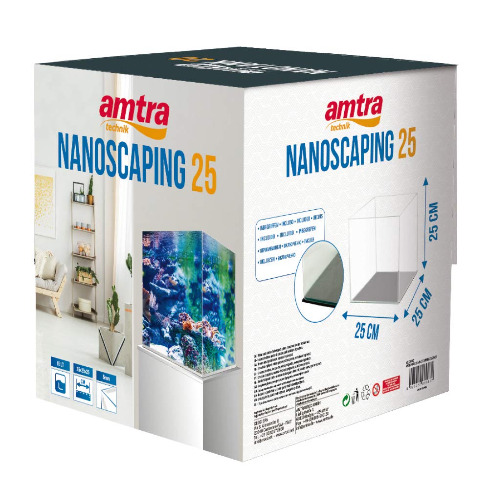 Amtra Nanoscaping - Aquarium Tank 15 Liters - Extra Clear Glass Case 25x25x25 cm - Tank for Goldfish or as a Turtle Tank for Water Turtles with Shock Absorbing Mat Included