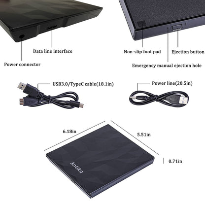 Antika External CD DVD Drive TypeC USB 3.0 Extended Cable Backup Power Line Portable DVD Player Burner Reader for Laptop Desktop PC Apple Mac Macbook Pro Windows 10/8/7/vista/xp Mac osx10.6 Above