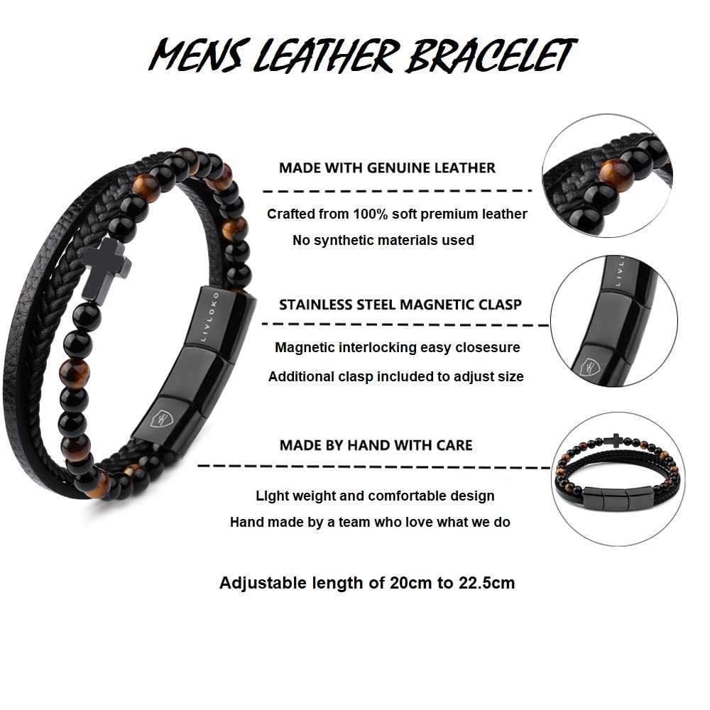LIVLOKO Mens Bracelet Leather Black Multi-Layer Tiger-Eye Beaded Bracelet for Men Magnetic Clasp Rope Wristband Mens Gift for Boyfriend