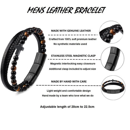 LIVLOKO Mens Bracelet Leather Black Multi-Layer Tiger-Eye Beaded Bracelet for Men Magnetic Clasp Rope Wristband Mens Gift for Boyfriend