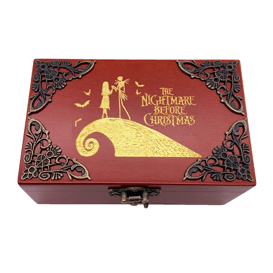 Youtang Nightmare Before Christmas Jewelry Music Box with Mirror Laser Engraved Wood Musical Box Wind up Musical Gift for Her Him Girlfriend Boyfriend (Melody: This is Halloween, Gold Movement)