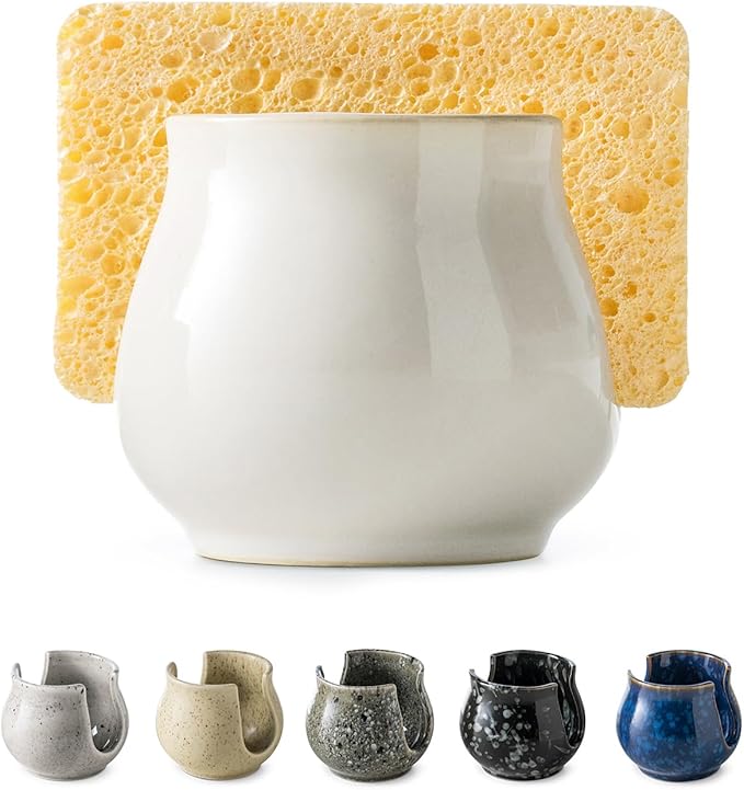 Sponge Holder for Kitchen Sink Counter, Ceramic Dish Sponge Caddy White Sink