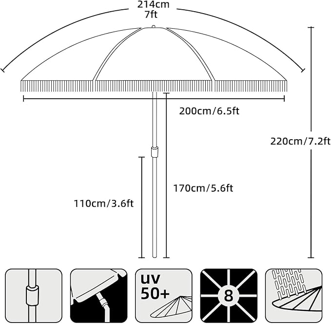 AMMSUN 7ft Patio Umbrella with Fringe Outdoor Tassel Umbrella UPF50+ Premium Steel Pole and Ribs Push Button Tilt, Pink Stripe