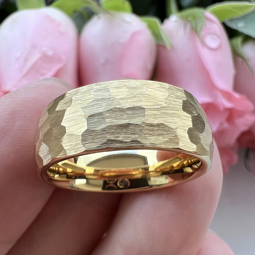 TUTISS 8mm Gold Hammered Tungsten Rings for Men Women Engagement Wedding Bands Domed Matte Finish Comfort Fit Size 10