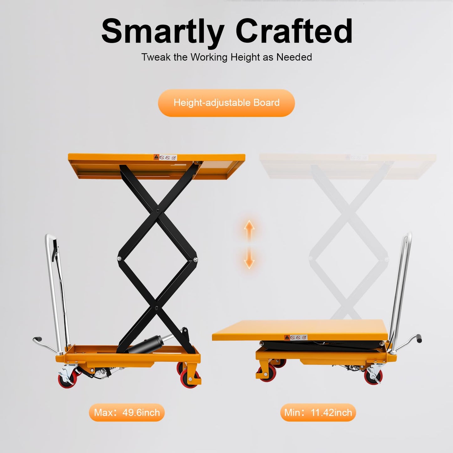 Hydraulic Lift Table Cart,700lbs Capacity, 49.6in Lifting Height, Single Scissor Hydraulic Lift Table with Less Noise Locking Wheels, Lifting Devices for Material Handling and Transportation