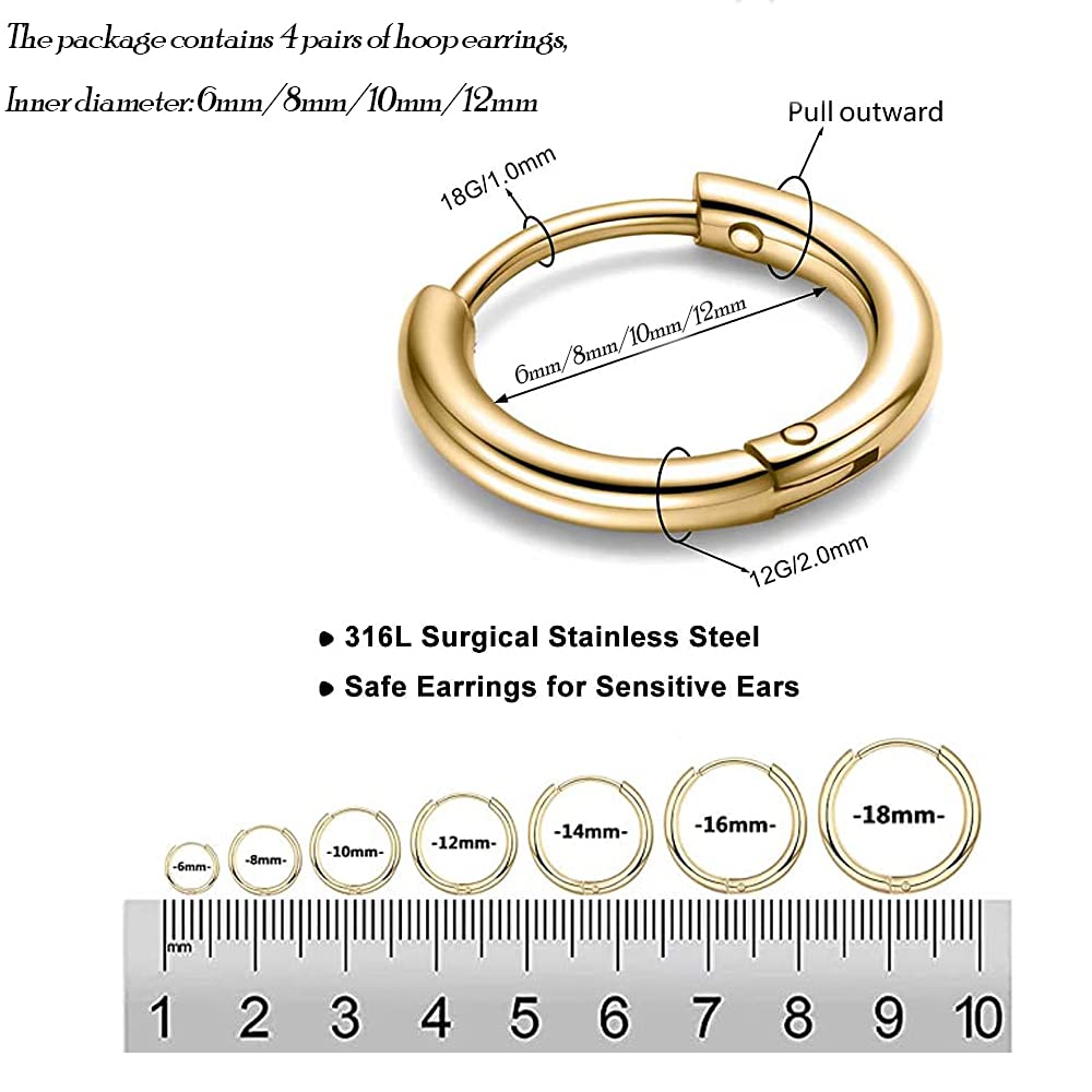 316L Surgical Stainless Steel Huggie Hoop Earrings 6mm 8mm 10mm 12mm Black Hypoallergenic Earrings Hoop Cartilage Helix Lobes Hinged Sleeper Hoop Earrings For Men Women