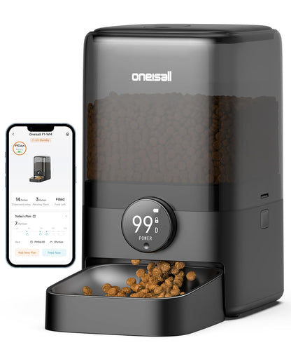 oneisall Cordless WiFi Automatic Cat Feeder, Rechargeable 100-Day Battery Operated Pet Feeder, 20 Cups/5L Timed Cat Food Dispenser for Large Kibble, Smart App Control (Black)