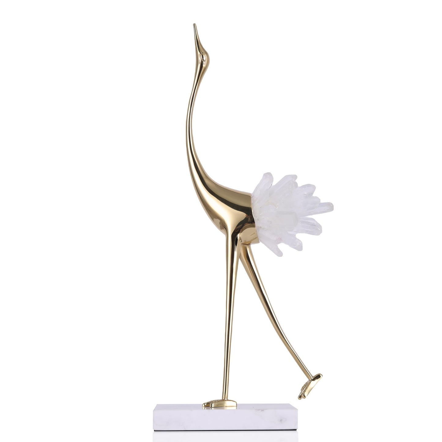 suruim Elegant Gold Crane Bird Statues with Crystal Tail Accents, Decorative Brass Figurines for Home Decor (White A)